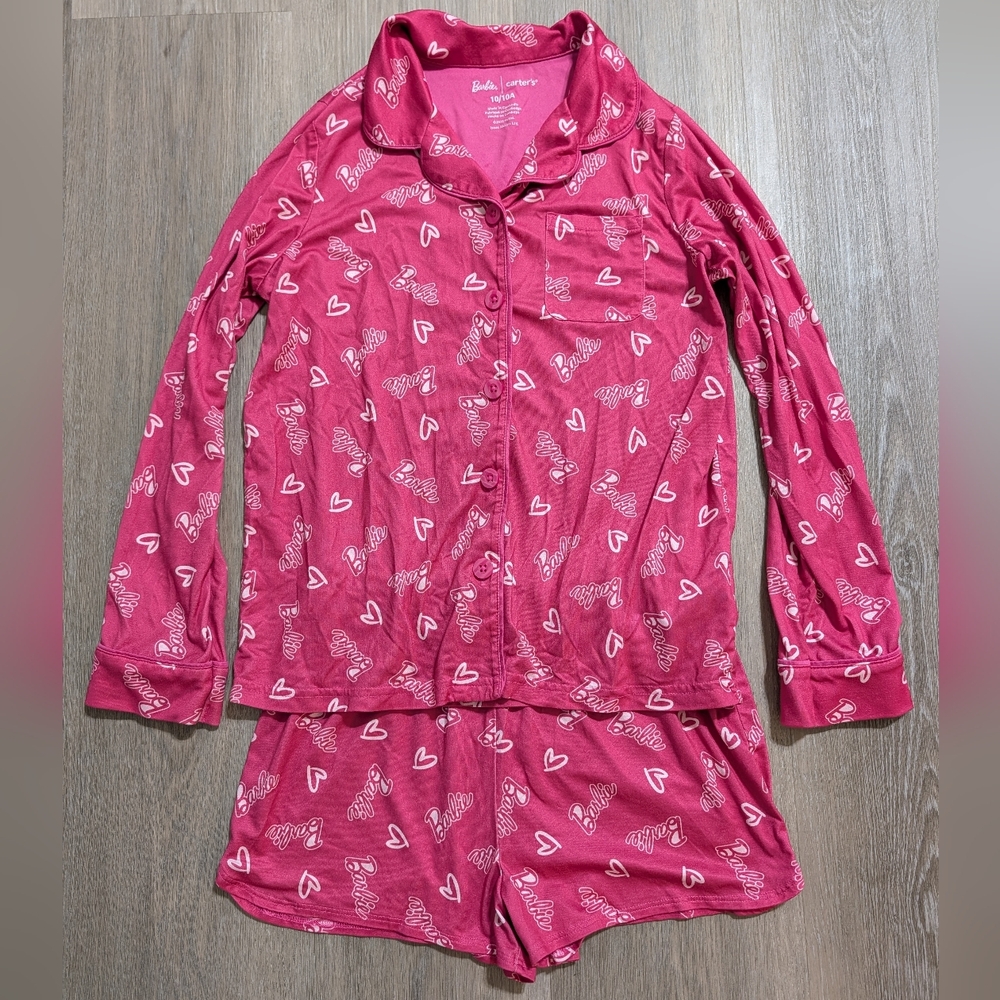Carter's Barbie Pink Heart Print Pajama Set For Girls - 10 - Preloved